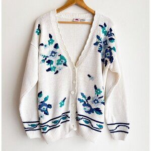 Lady Footlocker Ramie Cotton Floral Blue White Cardigan M